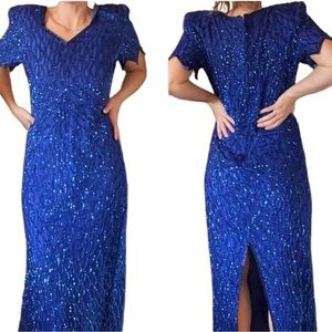 Vintage gatsby style beaded maxi gown 80s laurence kazar Blue 100% Silk dress